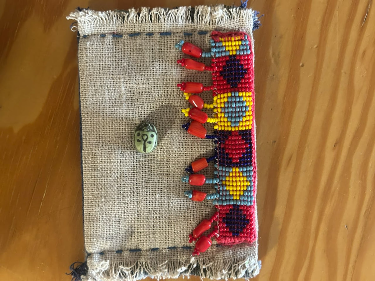 Red Linen Beaded Card Holder