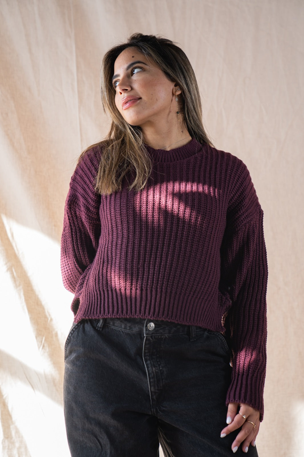 Maglione corto lavorato a maglia in bordeaux