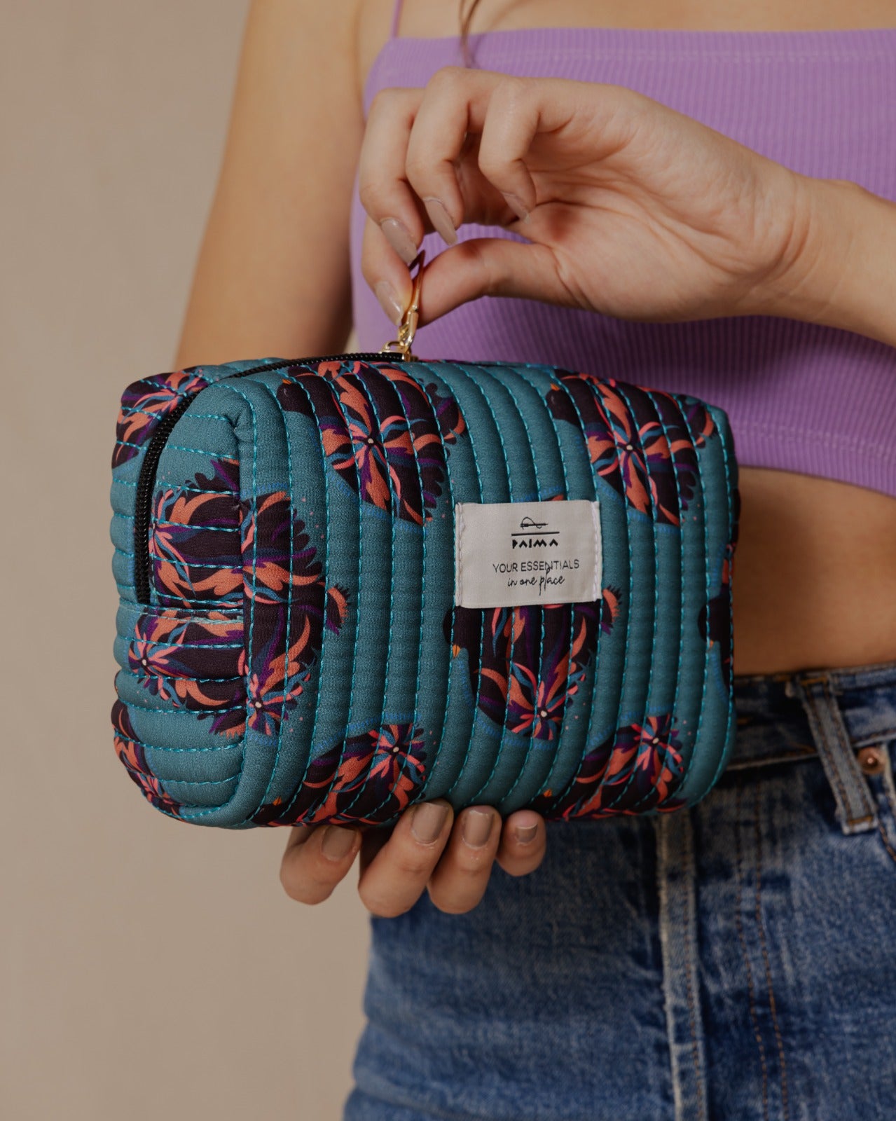 Bolsa de maquillaje con diseño de pájaro y flores, color verde azulado