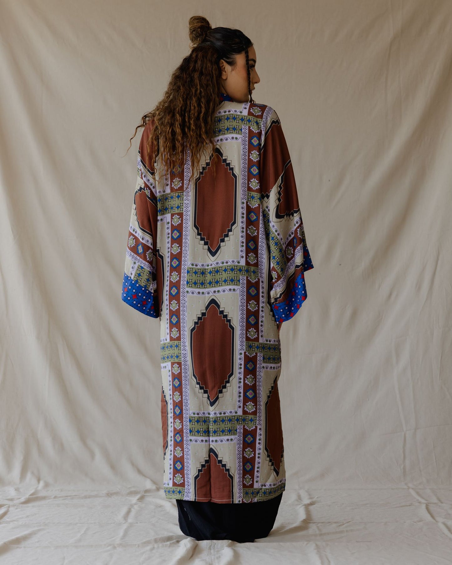 Kimono in cotone Tiles marrone e blu