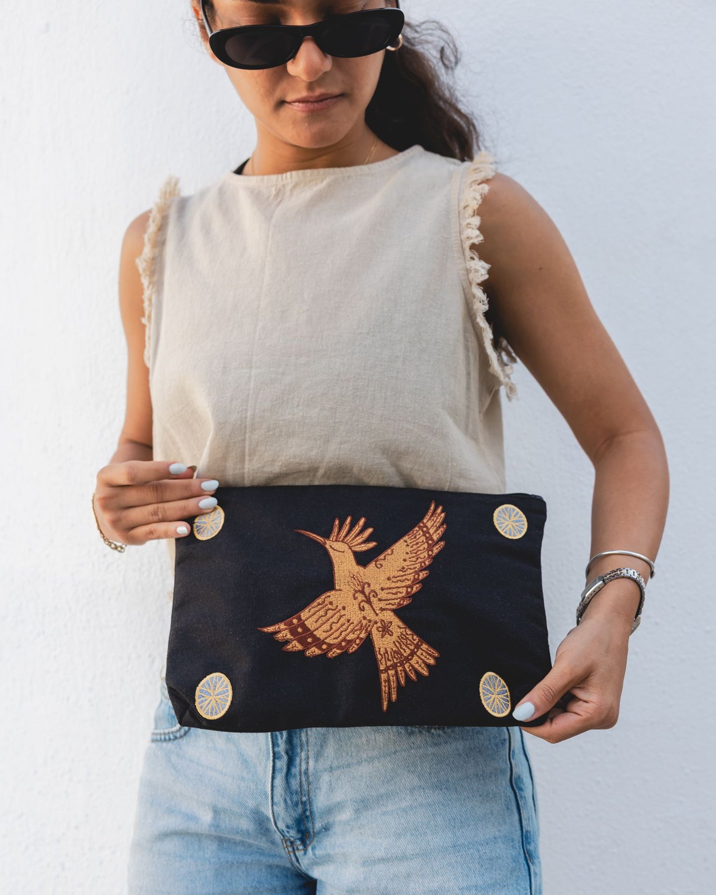 Golden Hoopoe Embroidered Pouch