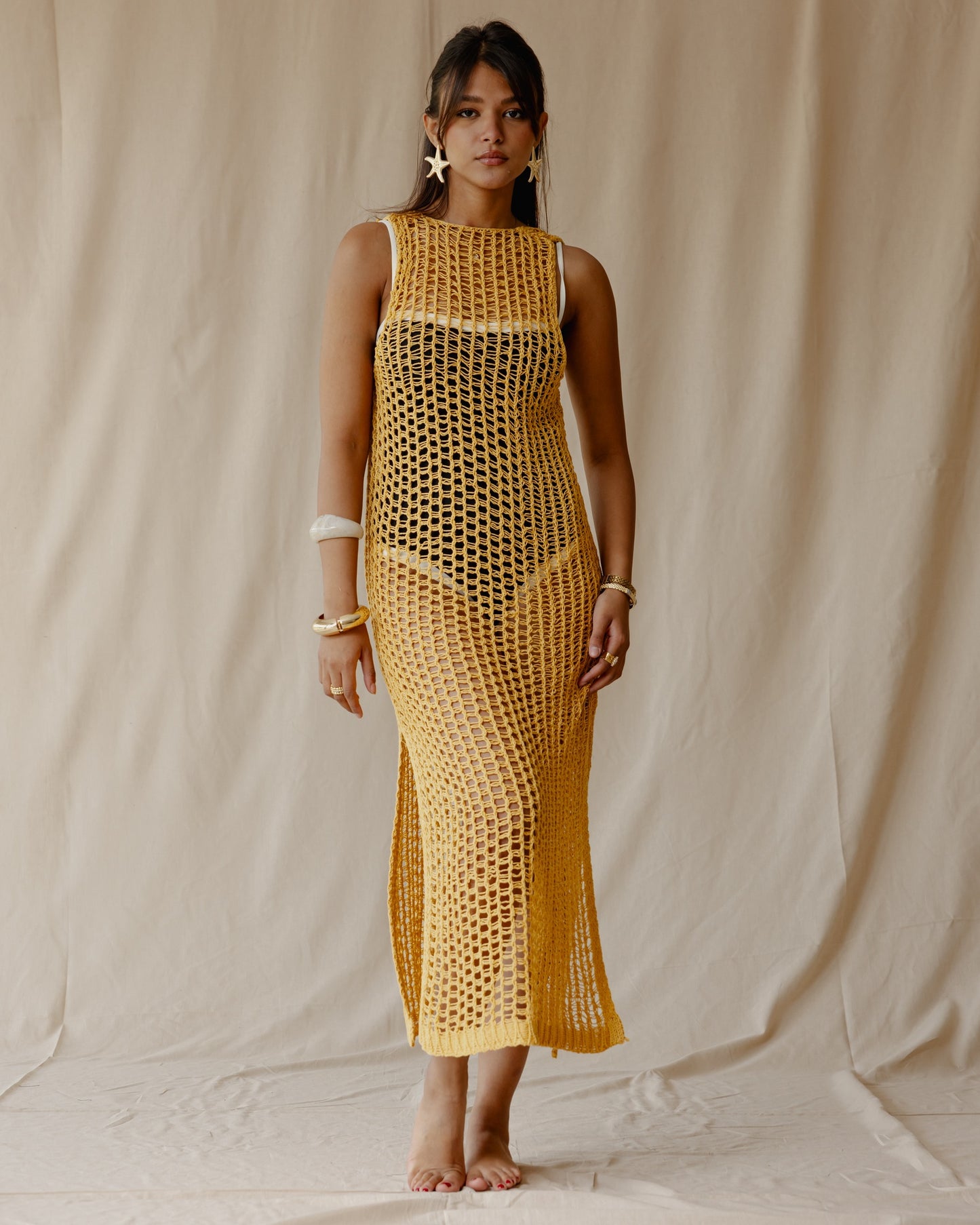 Vestido de punto hecho a mano de miel