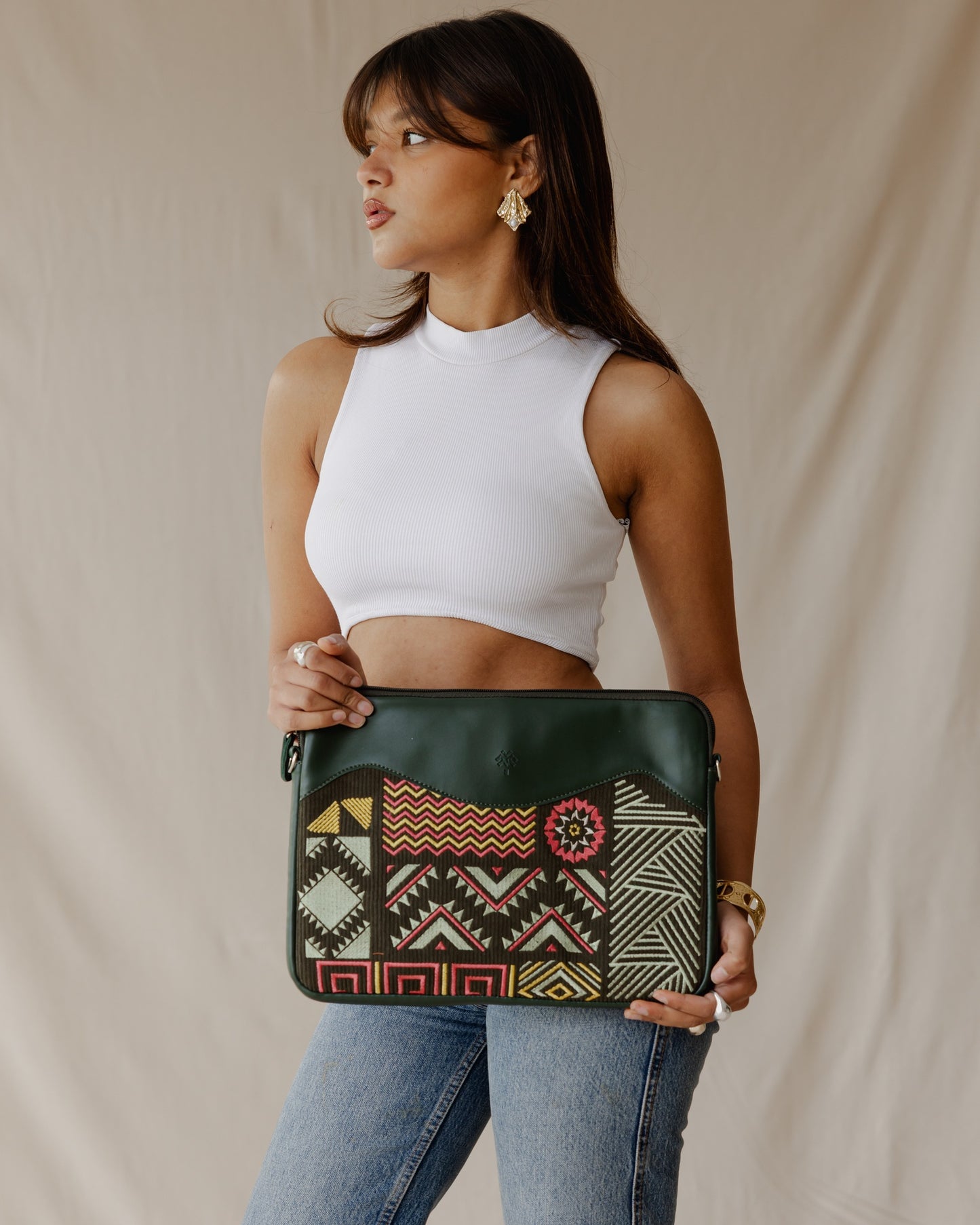 Geometric Laptop Sleeve Olive Green