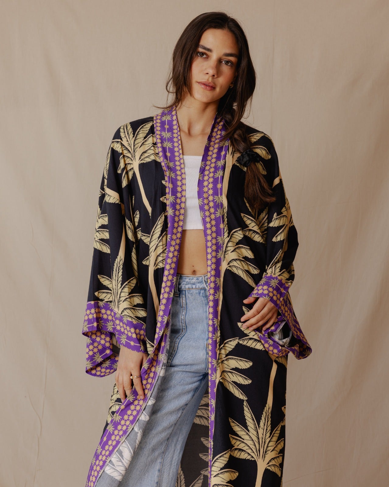 Palme Cotone Kimono Nero X Viola