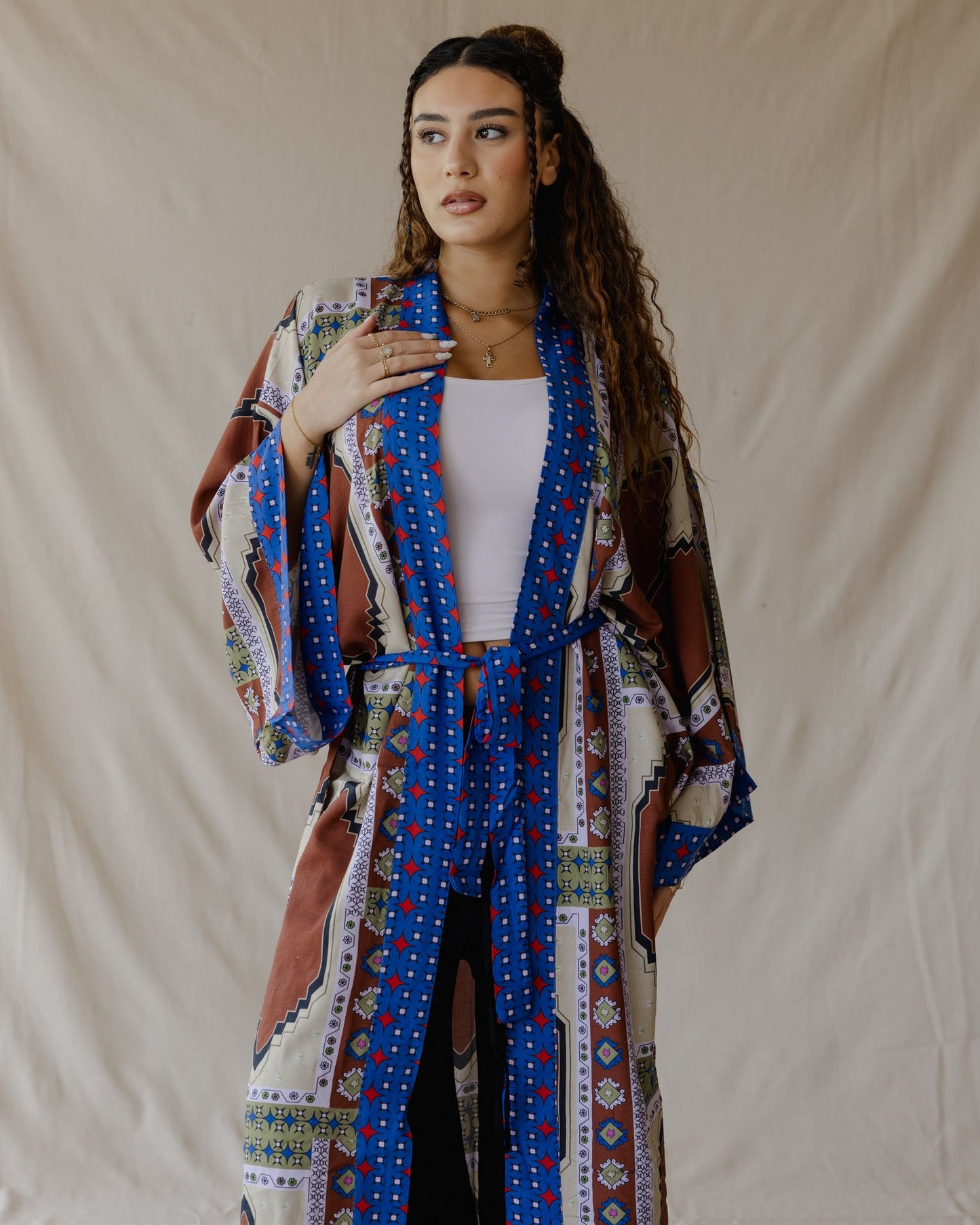 Kimono in cotone Tiles marrone e blu