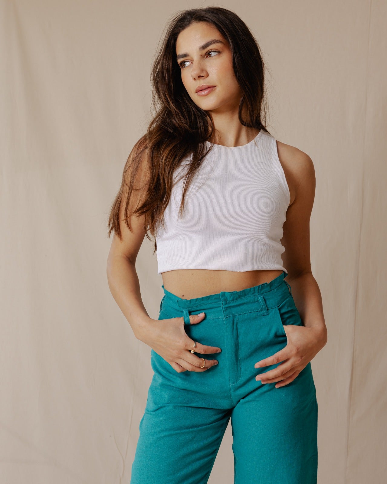 Pantaloni in lino rilassati turchesi