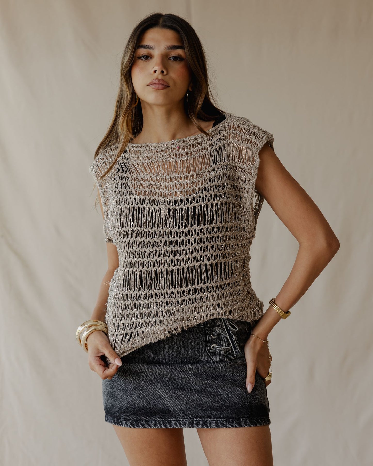 Knit Me Not Metallic Cafe Top