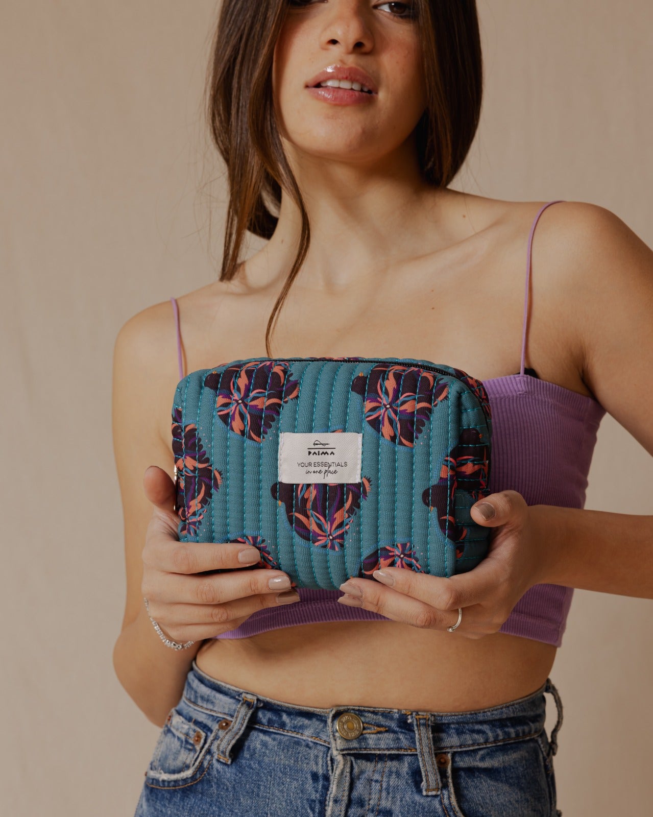 Bolsa de maquillaje con diseño de pájaro y flores, color verde azulado