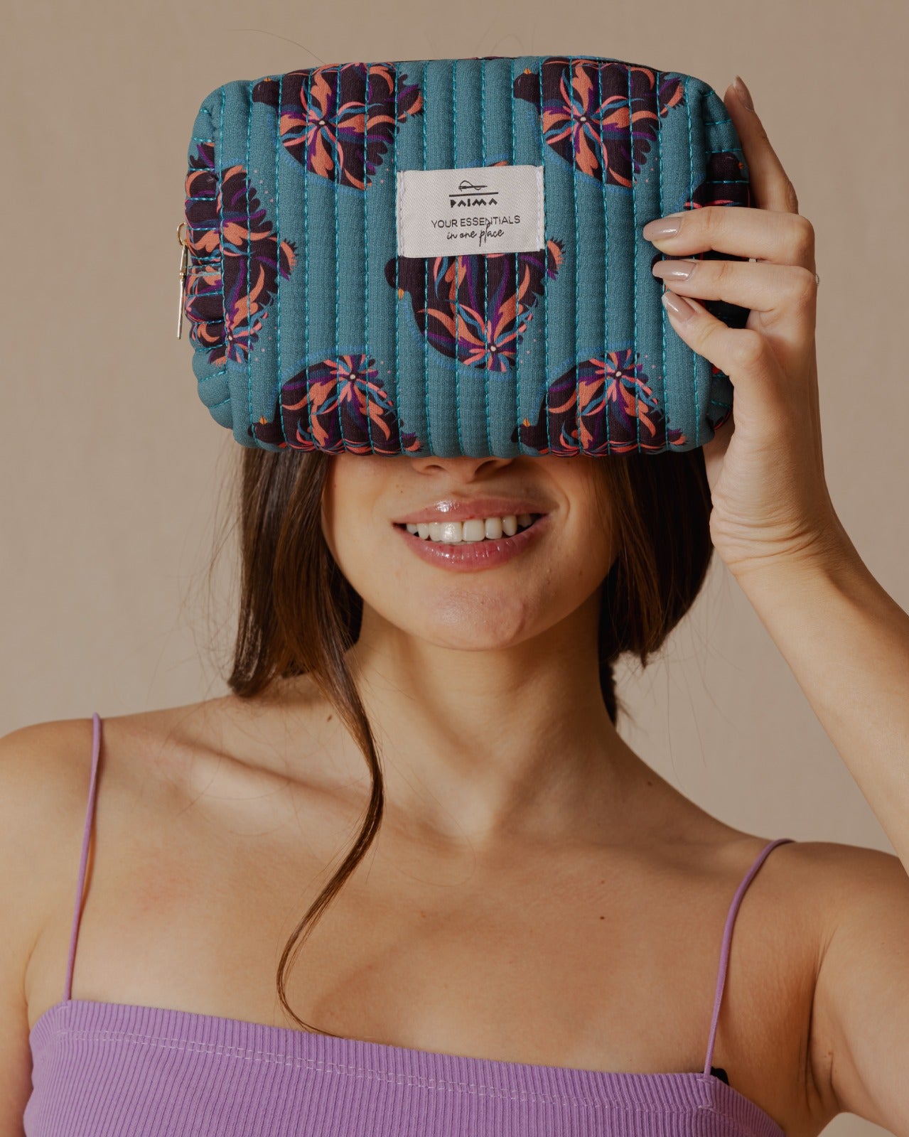 Bolsa de maquillaje con diseño de pájaro y flores, color verde azulado