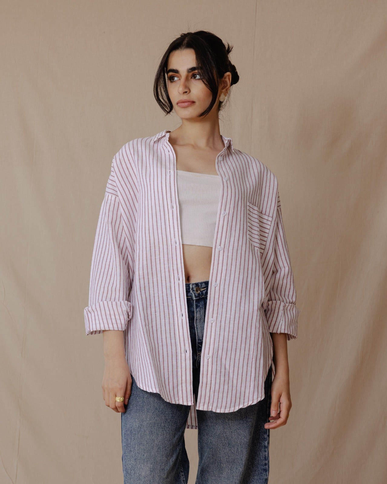 Camicia a righe in lino oversize rossa