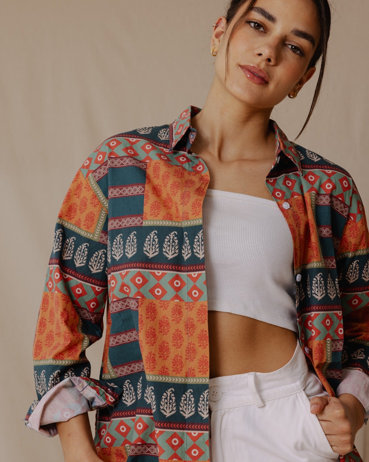 Statement Patchwork Shirt Teal X Orange