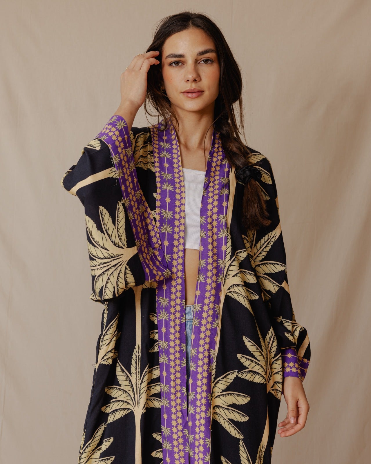 Palme Cotone Kimono Nero X Viola