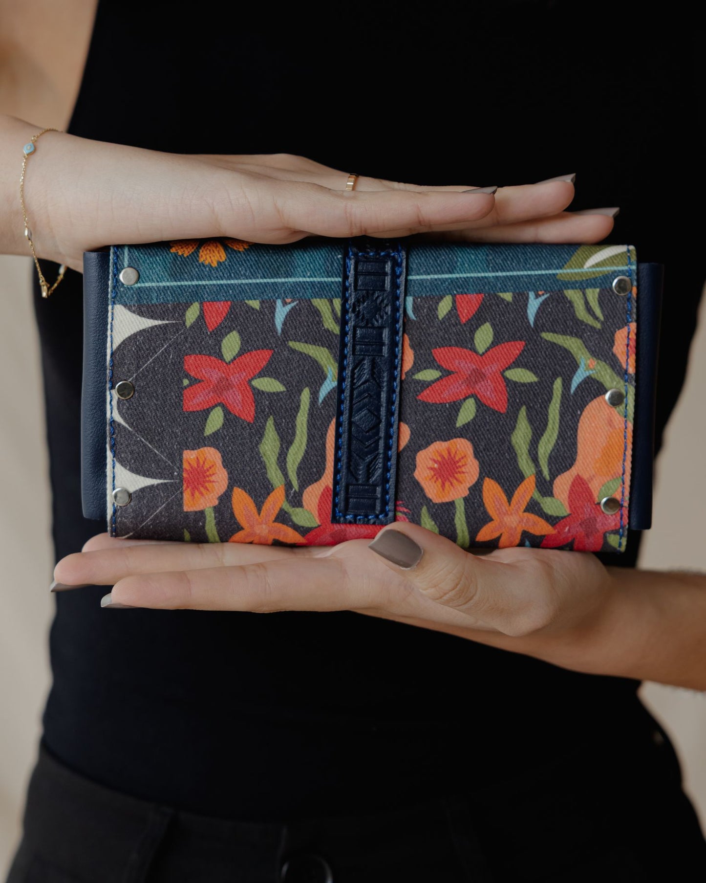 Red Blossoms In Navy Purse