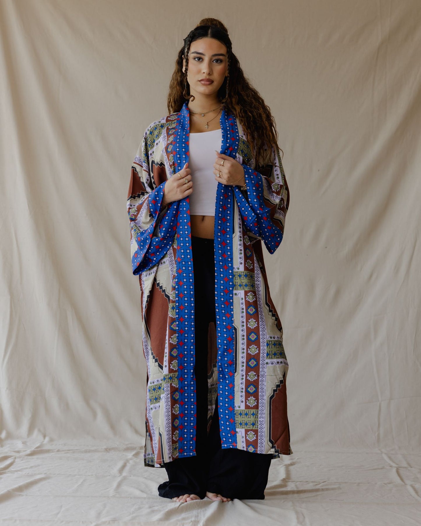 Kimono in cotone Tiles marrone e blu