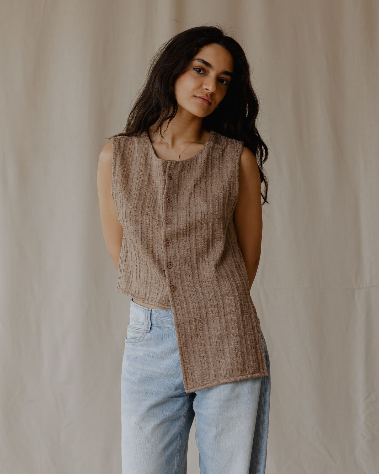 Woven Asymmetrical Camel Vest