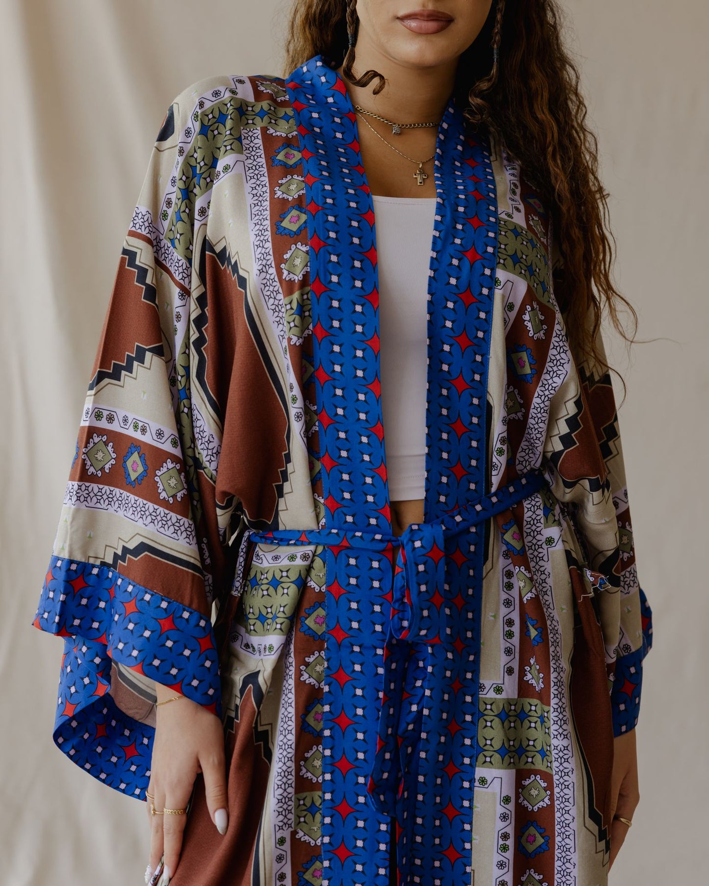 Kimono in cotone Tiles marrone e blu