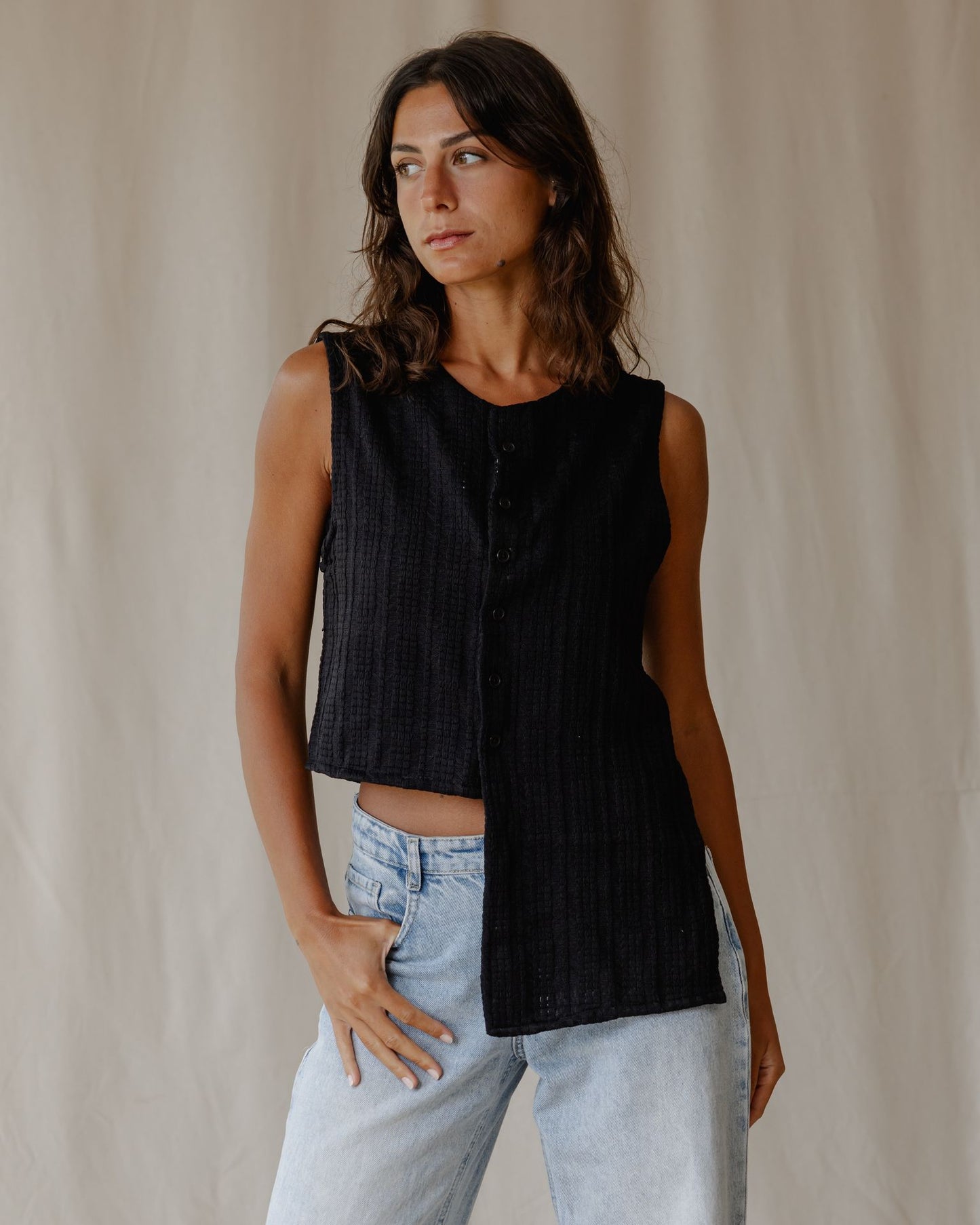 Woven Asymmetrical Black Vest