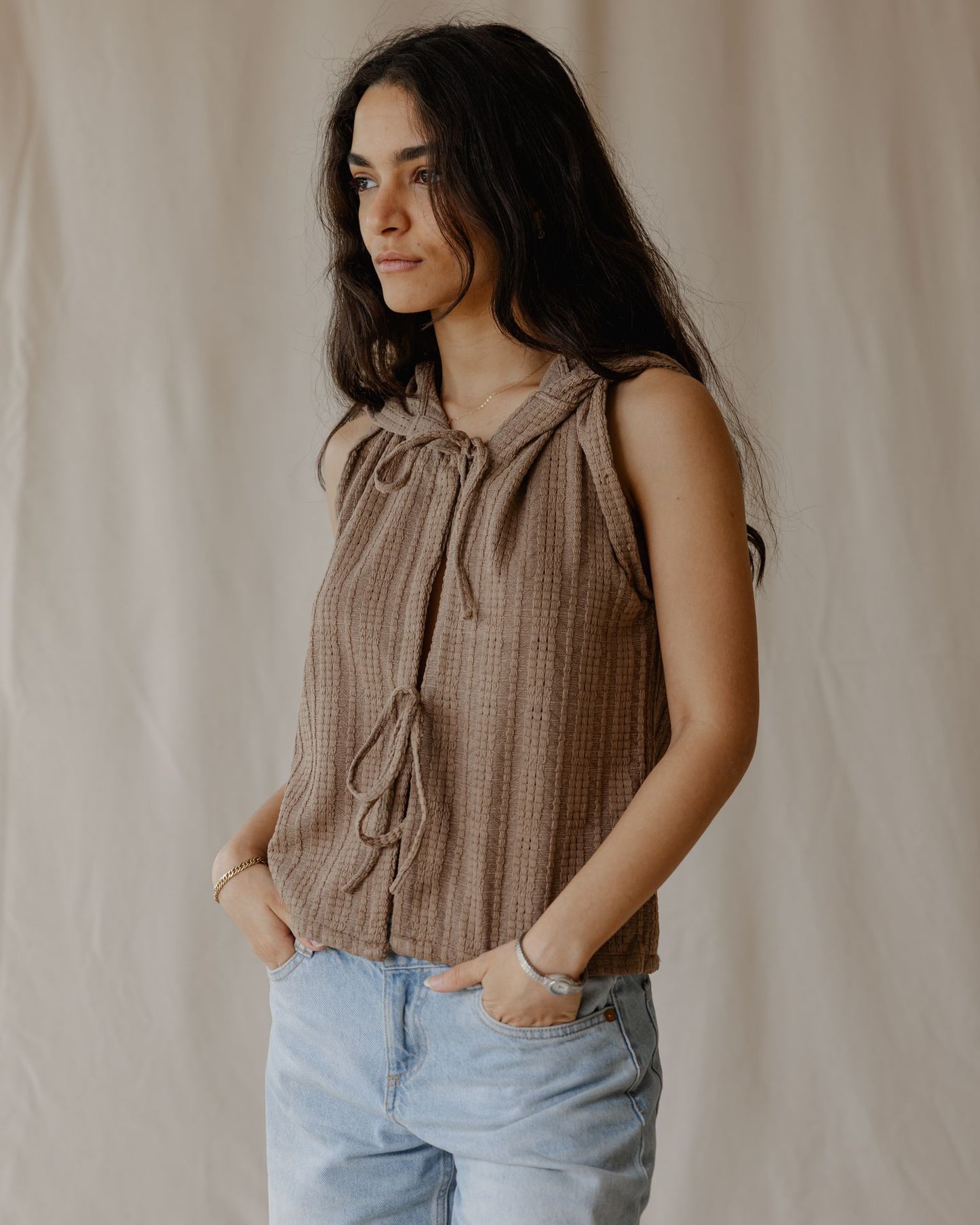 Woven Hooded Camel Vest