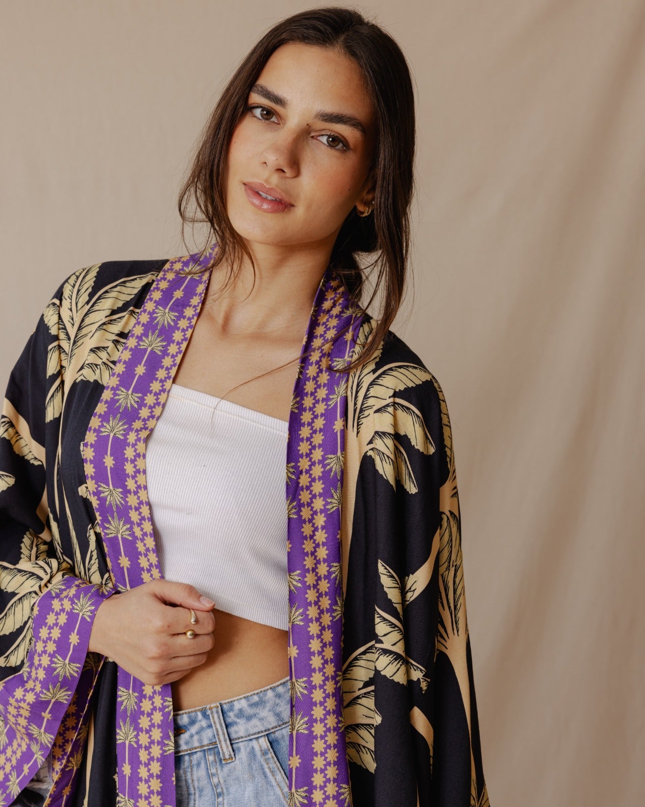 Palme Cotone Kimono Nero X Viola