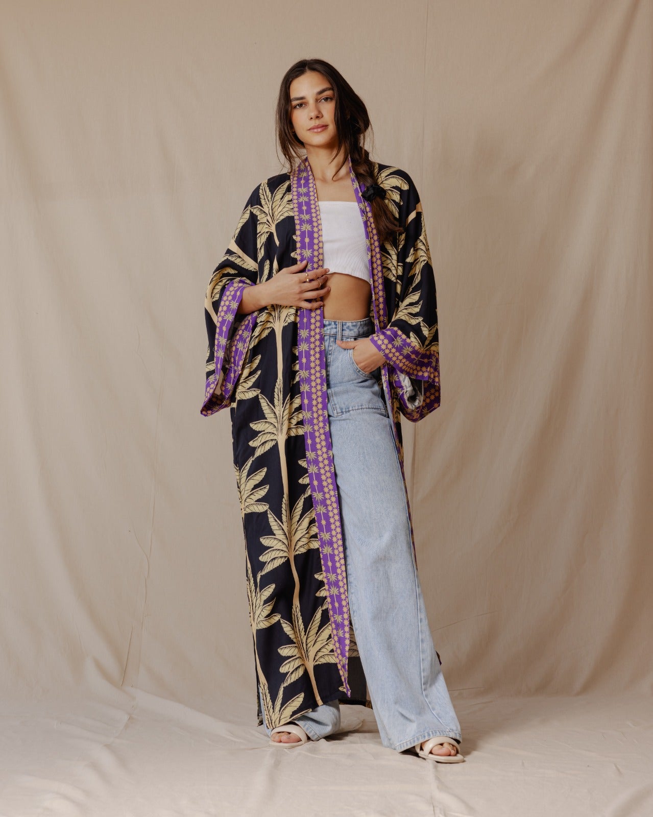 Palme Cotone Kimono Nero X Viola