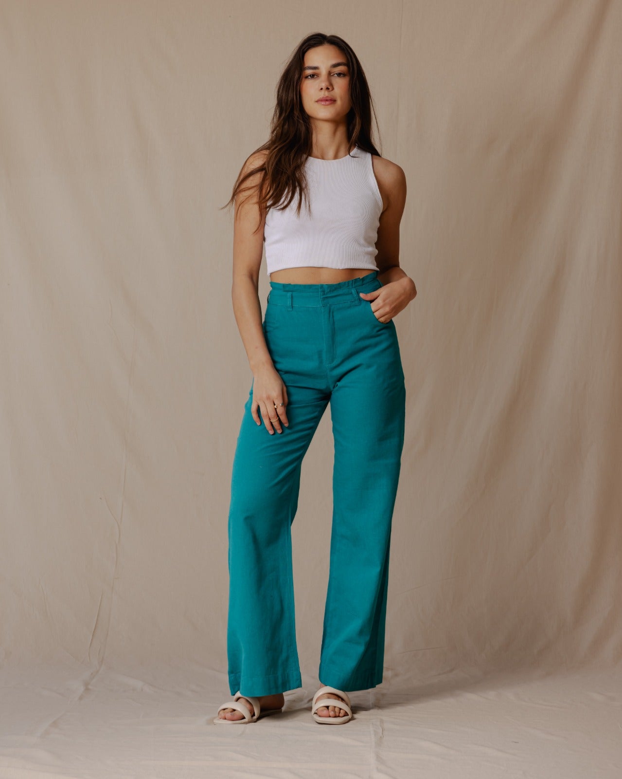 Pantaloni in lino rilassati turchesi