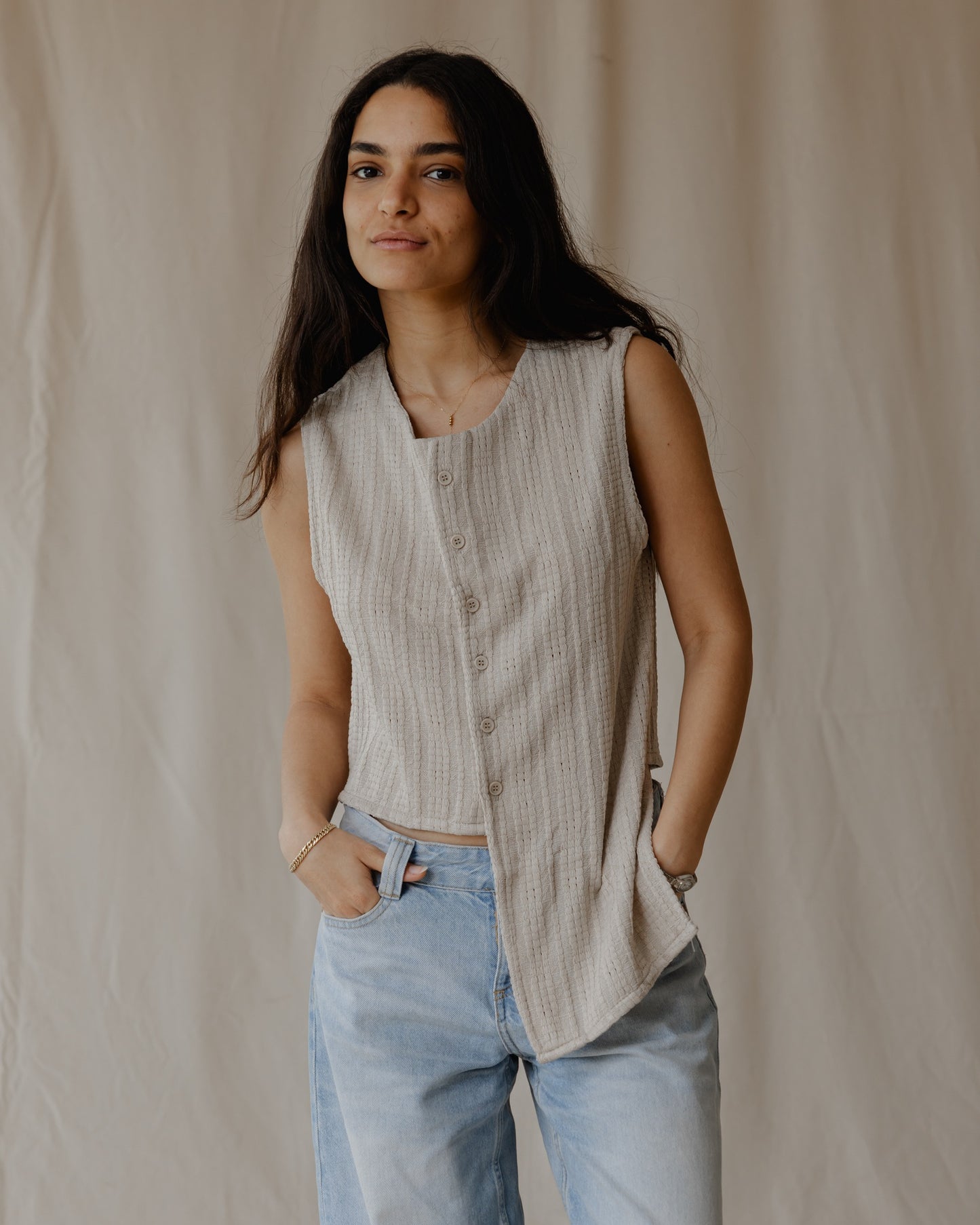 Woven Asymmetrical Beige Vest