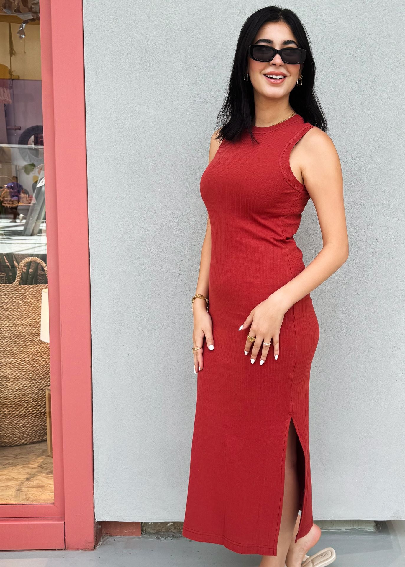 Amelia Ribbed Dress Brick