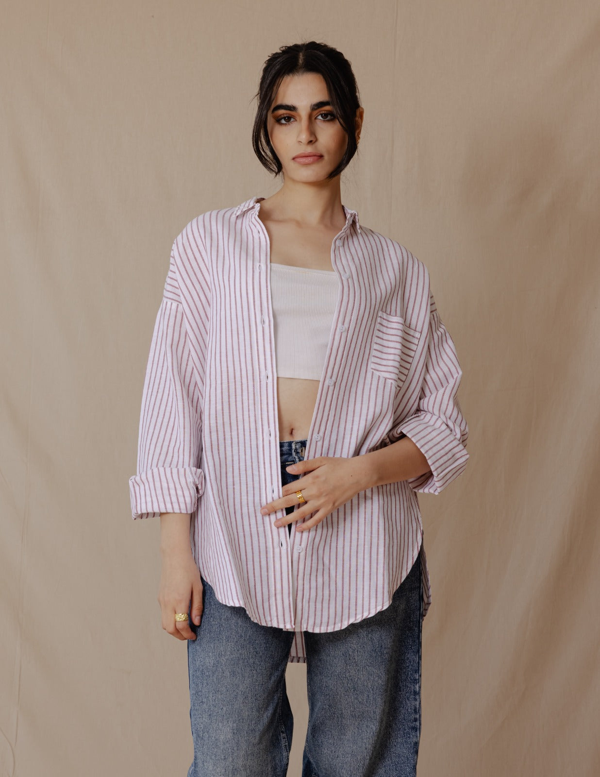 Camicia a righe in lino oversize rossa