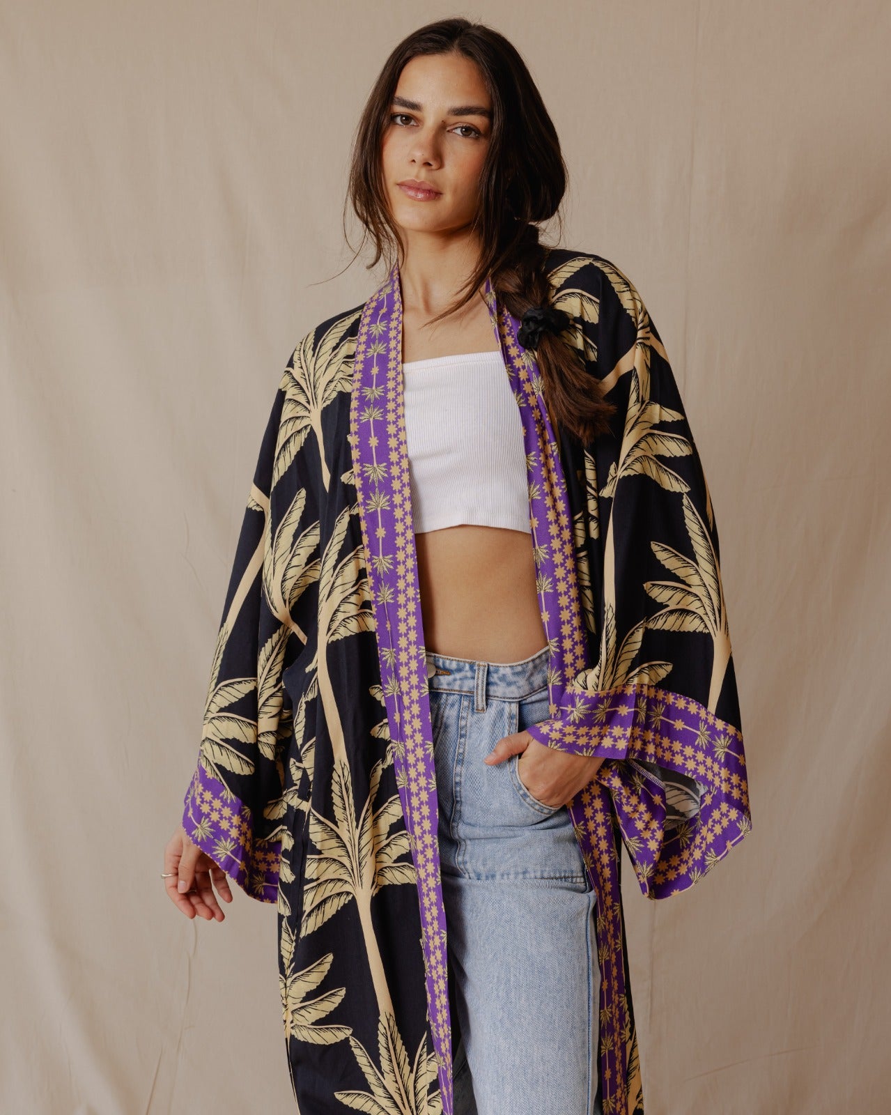 Palme Cotone Kimono Nero X Viola