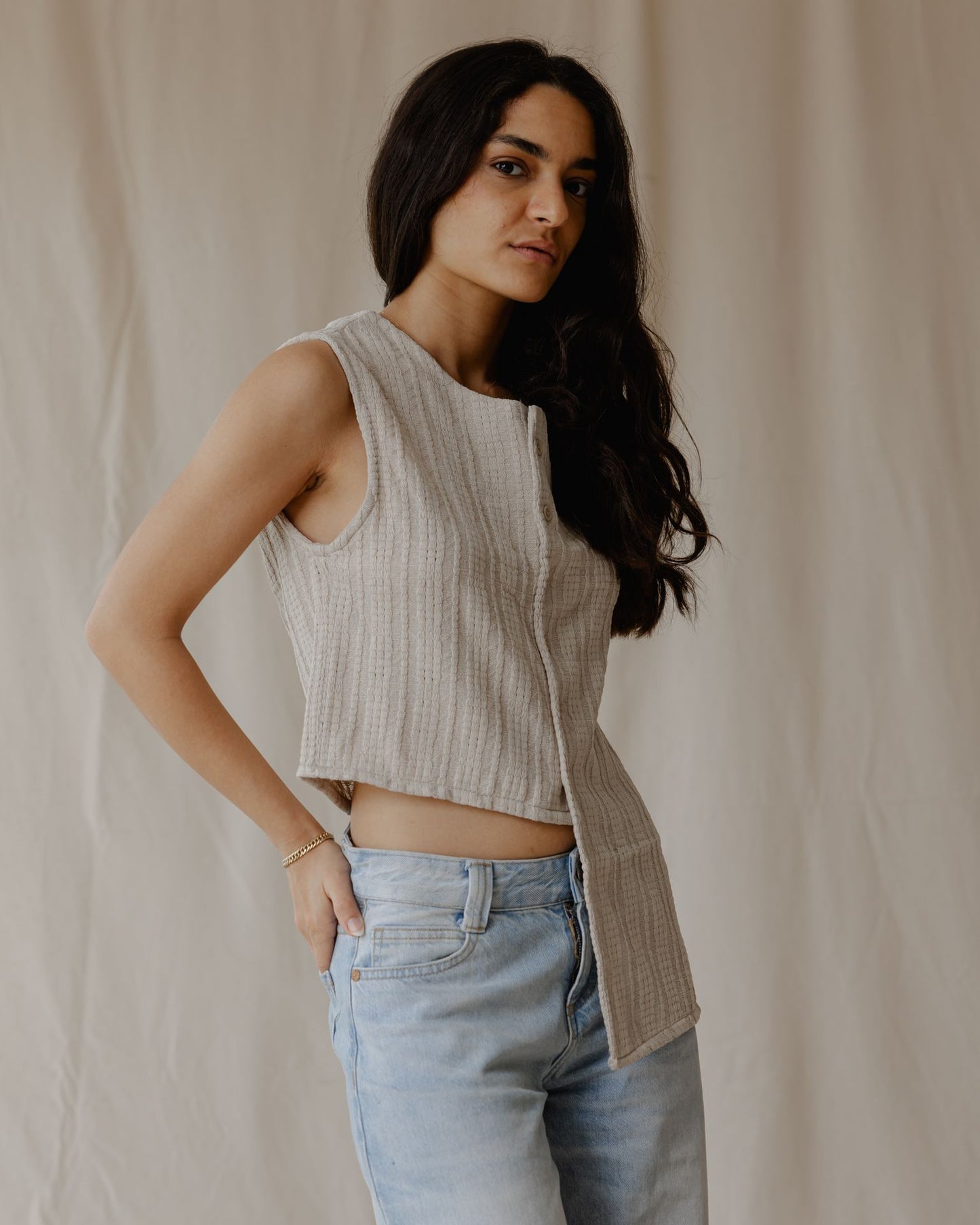 Woven Asymmetrical Beige Vest