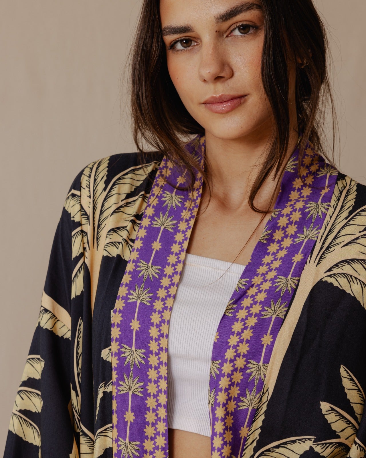 Palme Cotone Kimono Nero X Viola