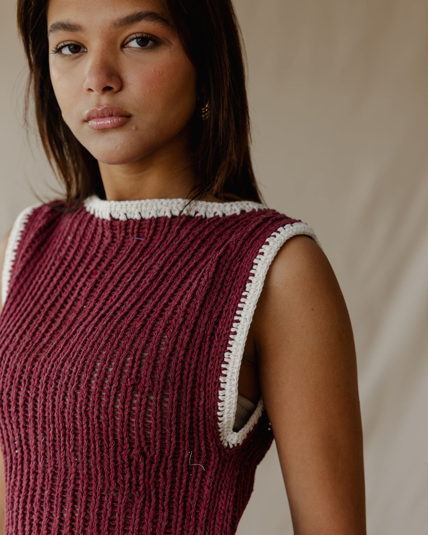 Contrast Crochet Top Burgundy