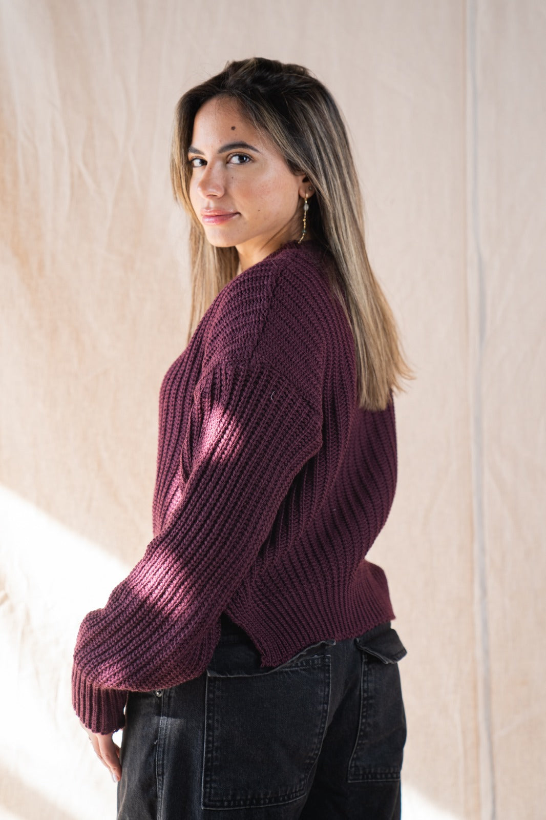 Maglione corto lavorato a maglia in bordeaux