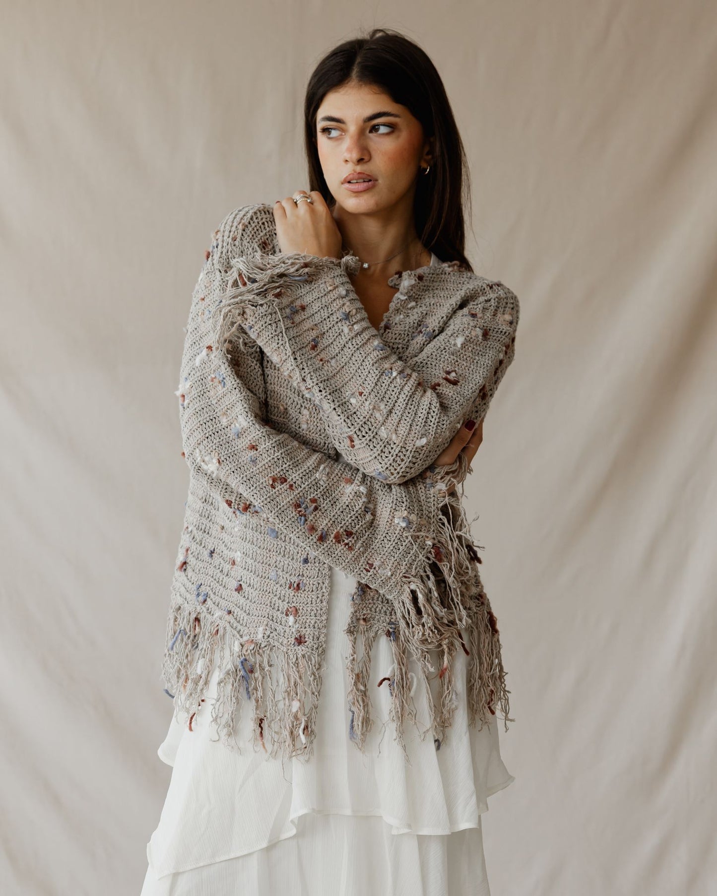 Beige Speckled Knit Cardigan