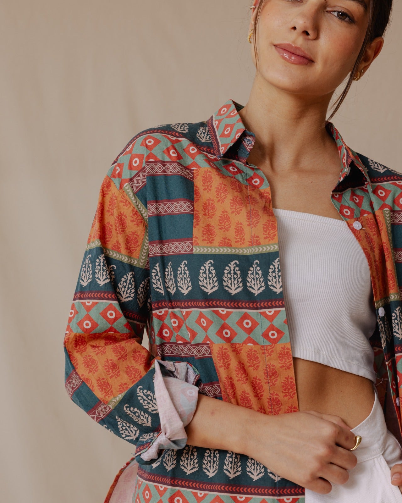 Statement Patchwork Shirt Teal X Orange