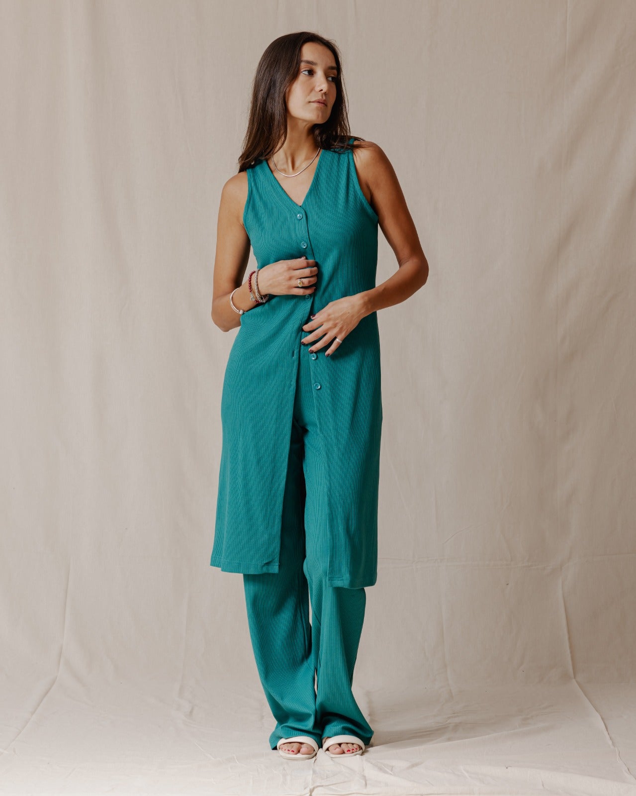 Set con bottoni senza maniche Teal