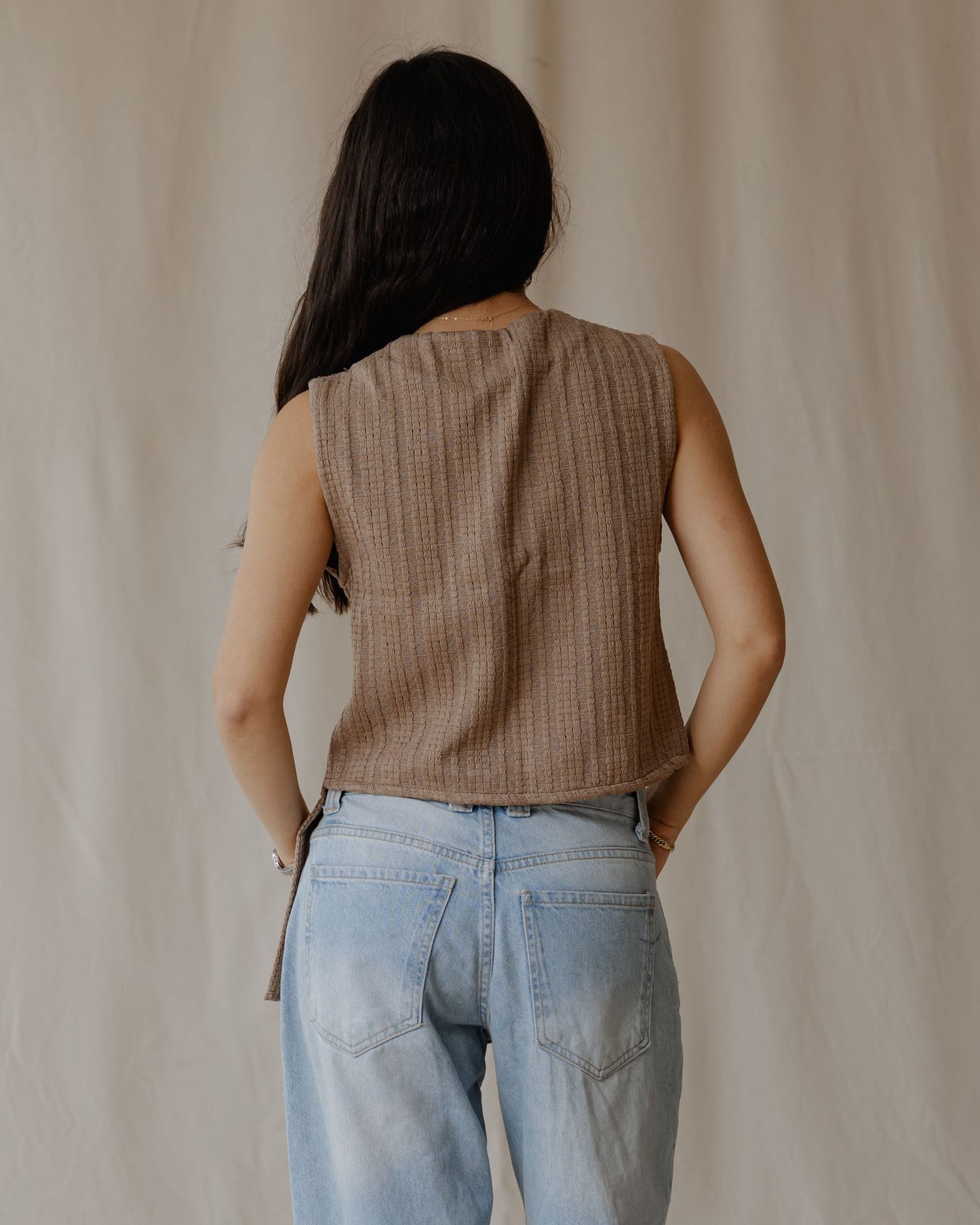 Woven Asymmetrical Camel Vest