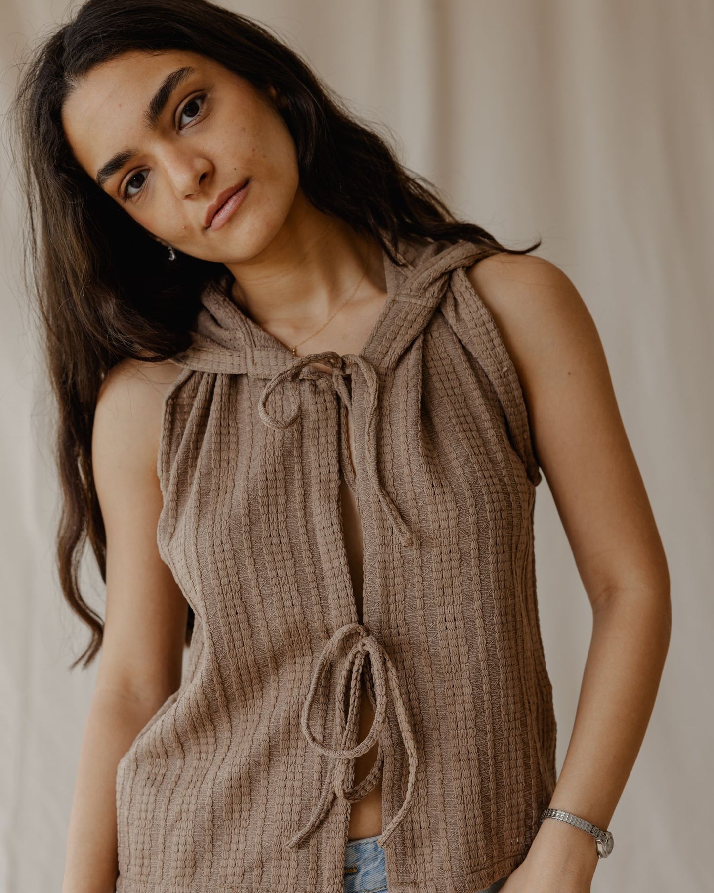 Woven Hooded Camel Vest