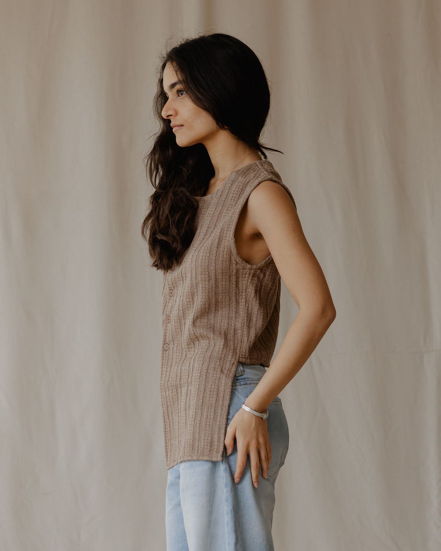 Woven Asymmetrical Camel Vest