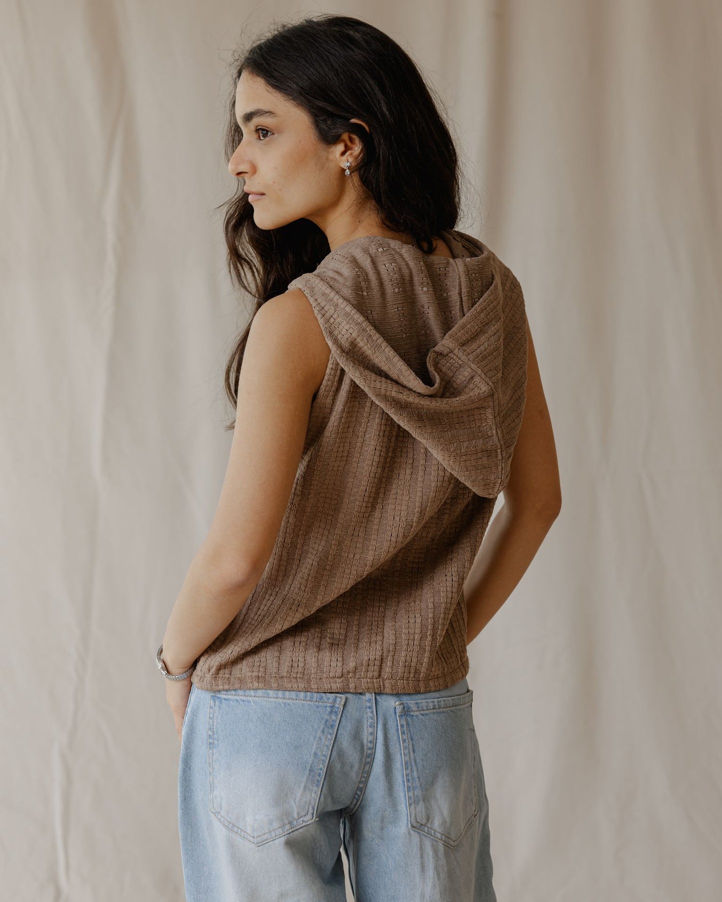 Woven Hooded Camel Vest