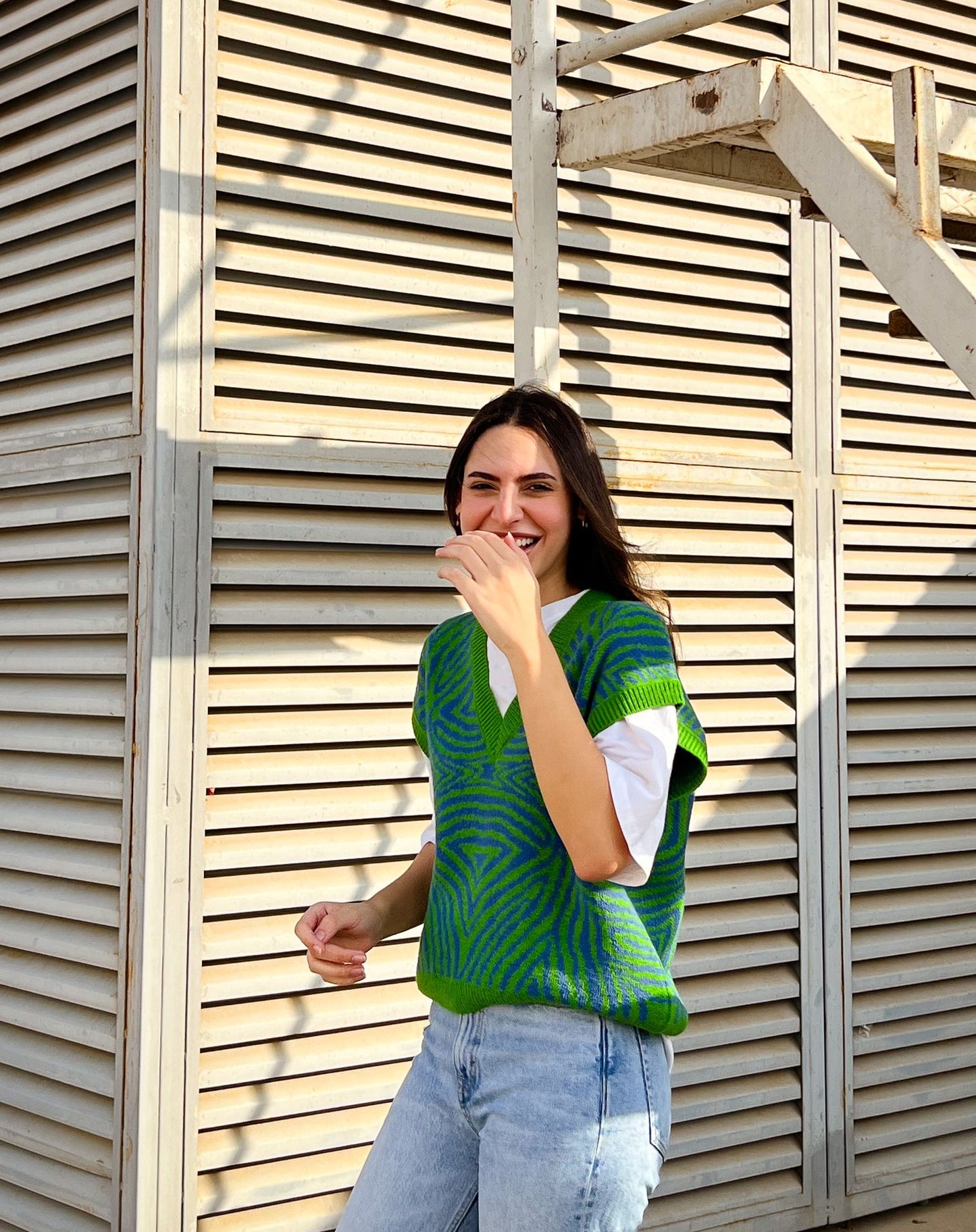 Zebra Illusion Knitted Vest Green X Blue