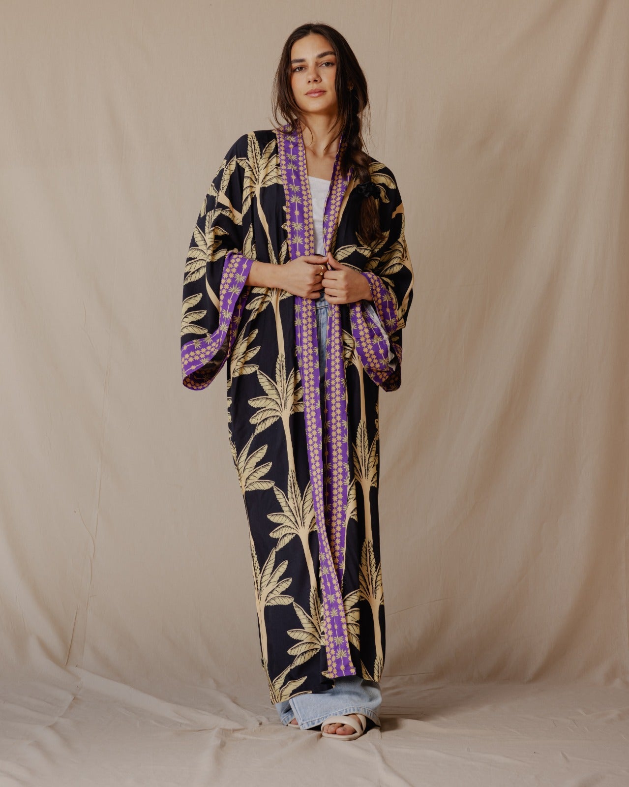 Palme Cotone Kimono Nero X Viola