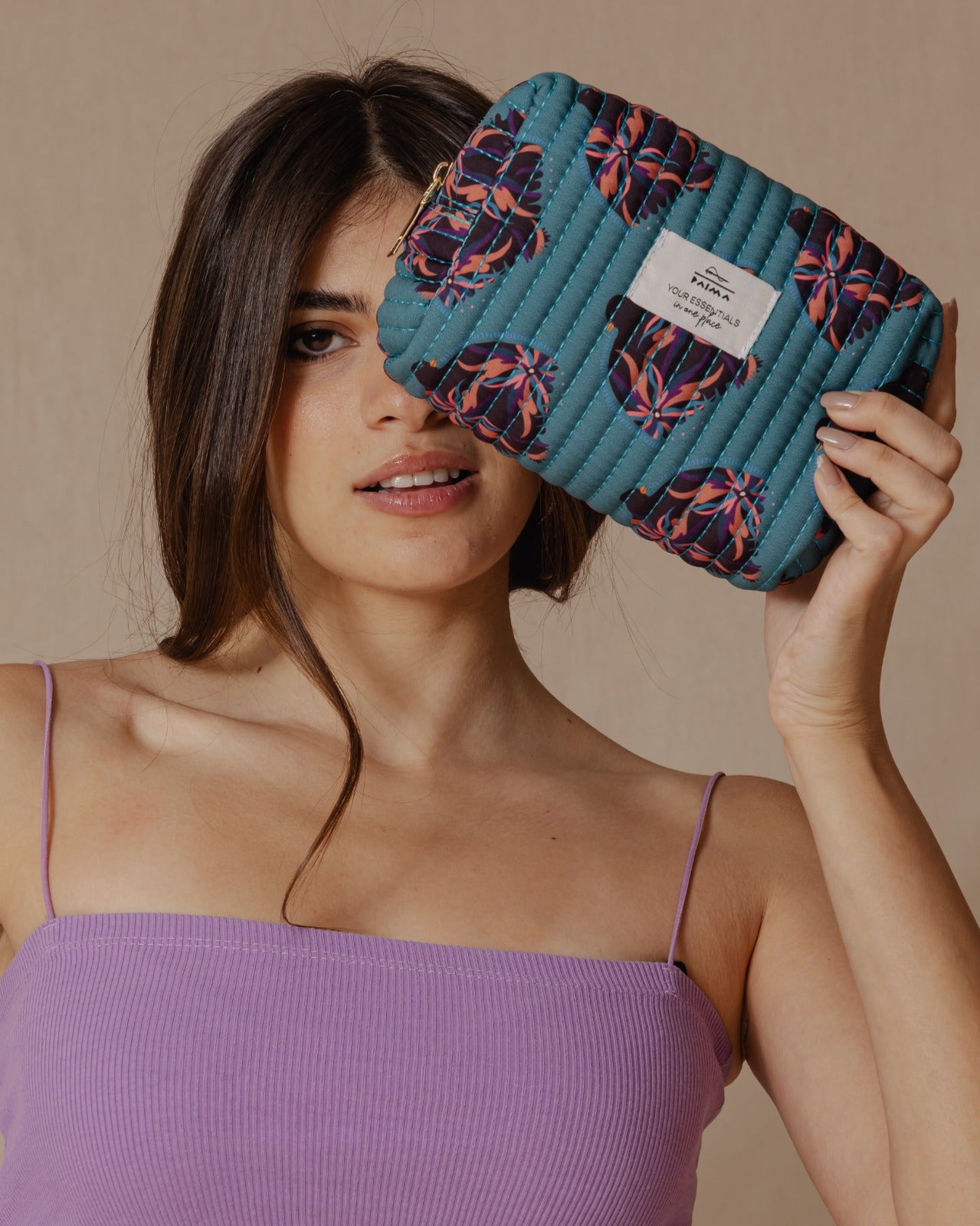 Bolsa de maquillaje con diseño de pájaro y flores, color verde azulado
