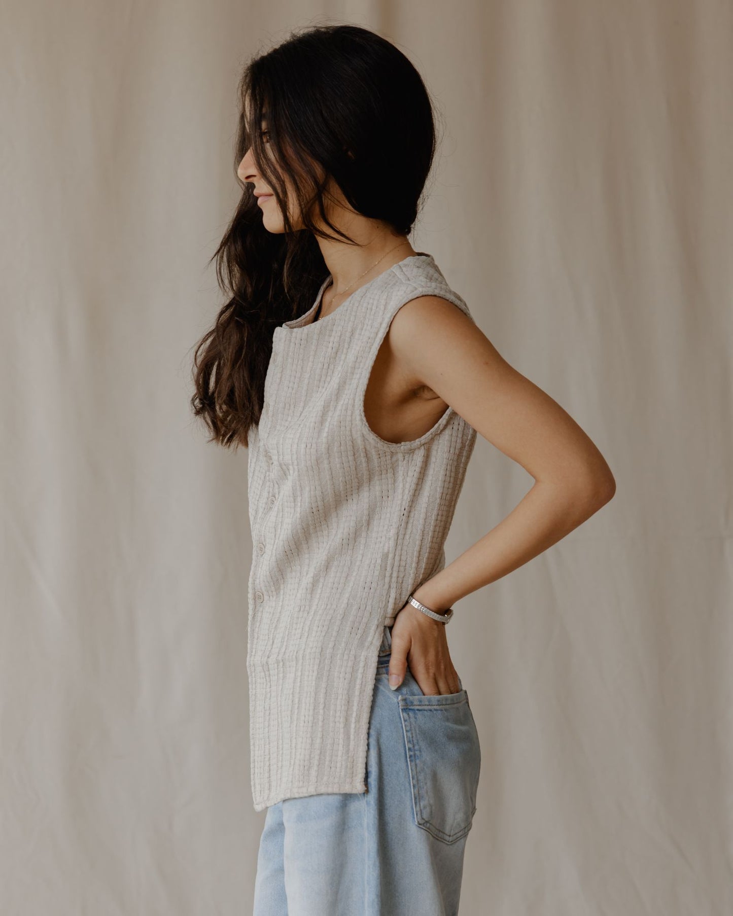 Woven Asymmetrical Beige Vest