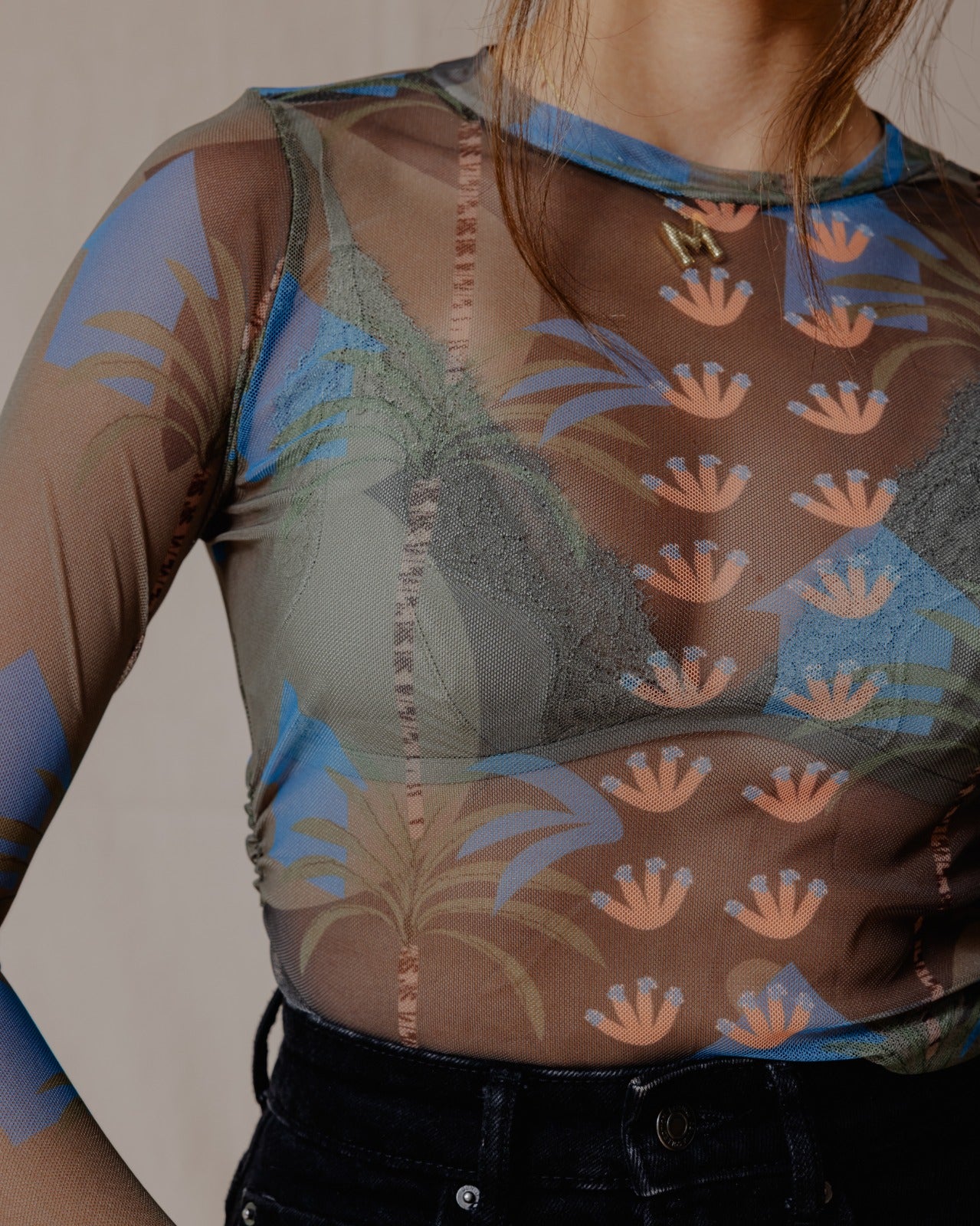 Palms In Olive Mesh Top