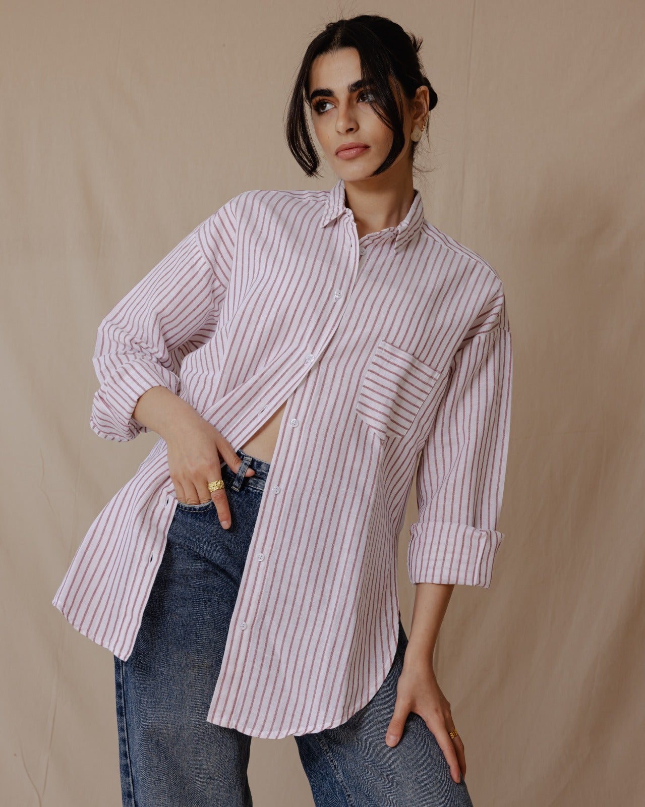 Camicia a righe in lino oversize rossa