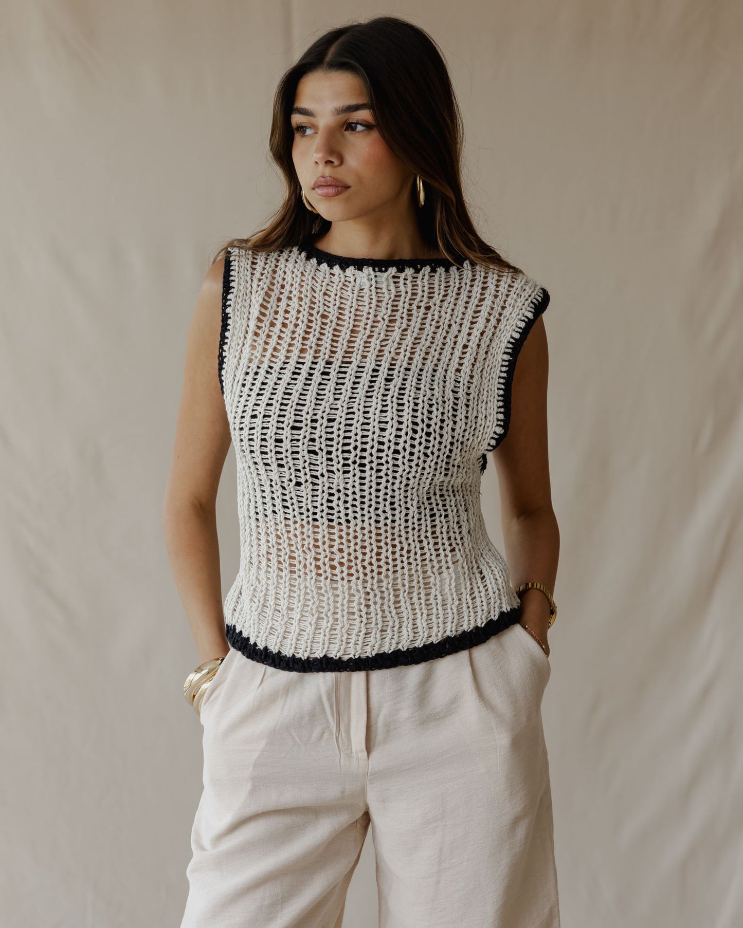 Contrast Crochet Top Off-White