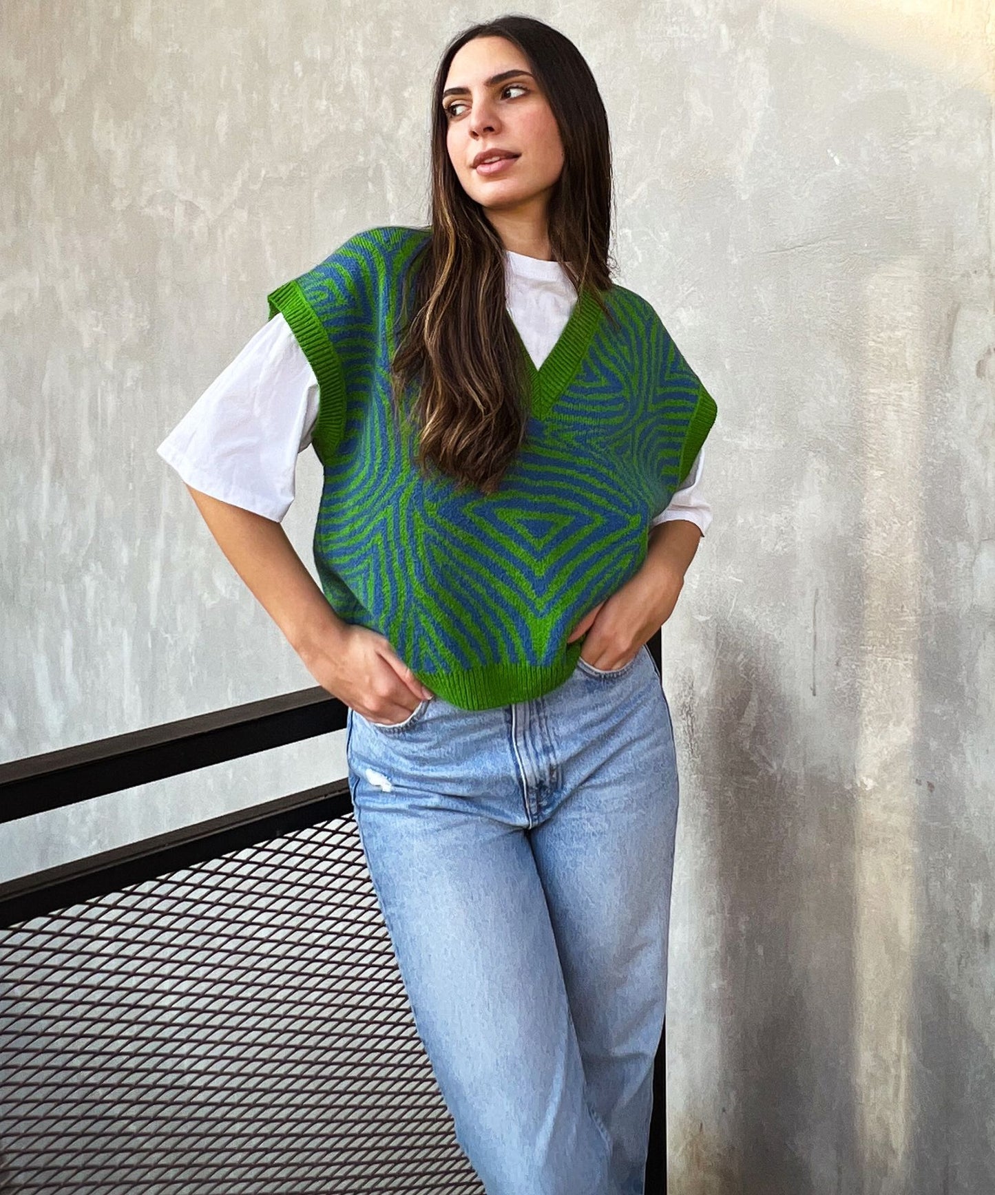 Zebra Illusion Knitted Vest Green X Blue