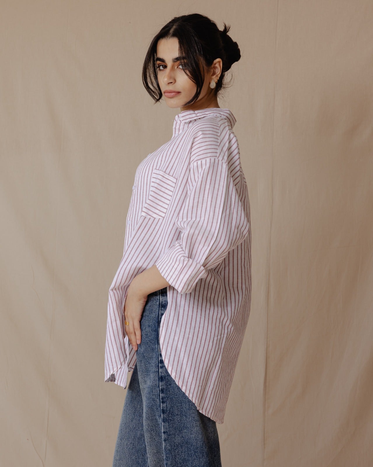 Camicia a righe in lino oversize rossa