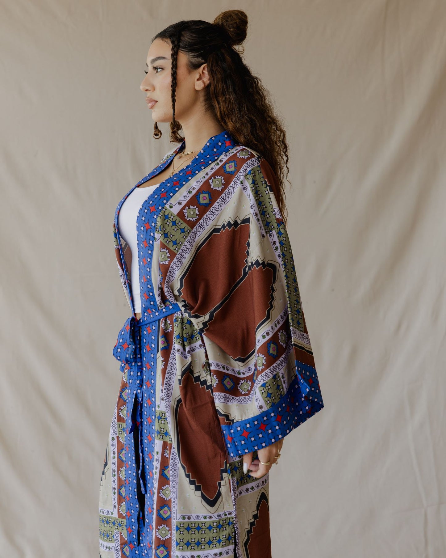 Kimono in cotone Tiles marrone e blu